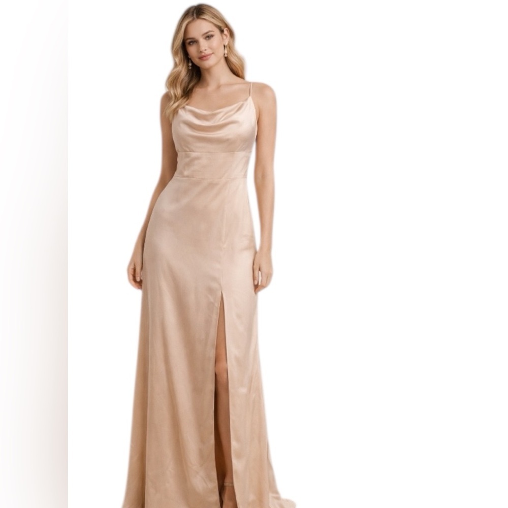 Azazie Champagne Long Dress Strappy Back Size A6